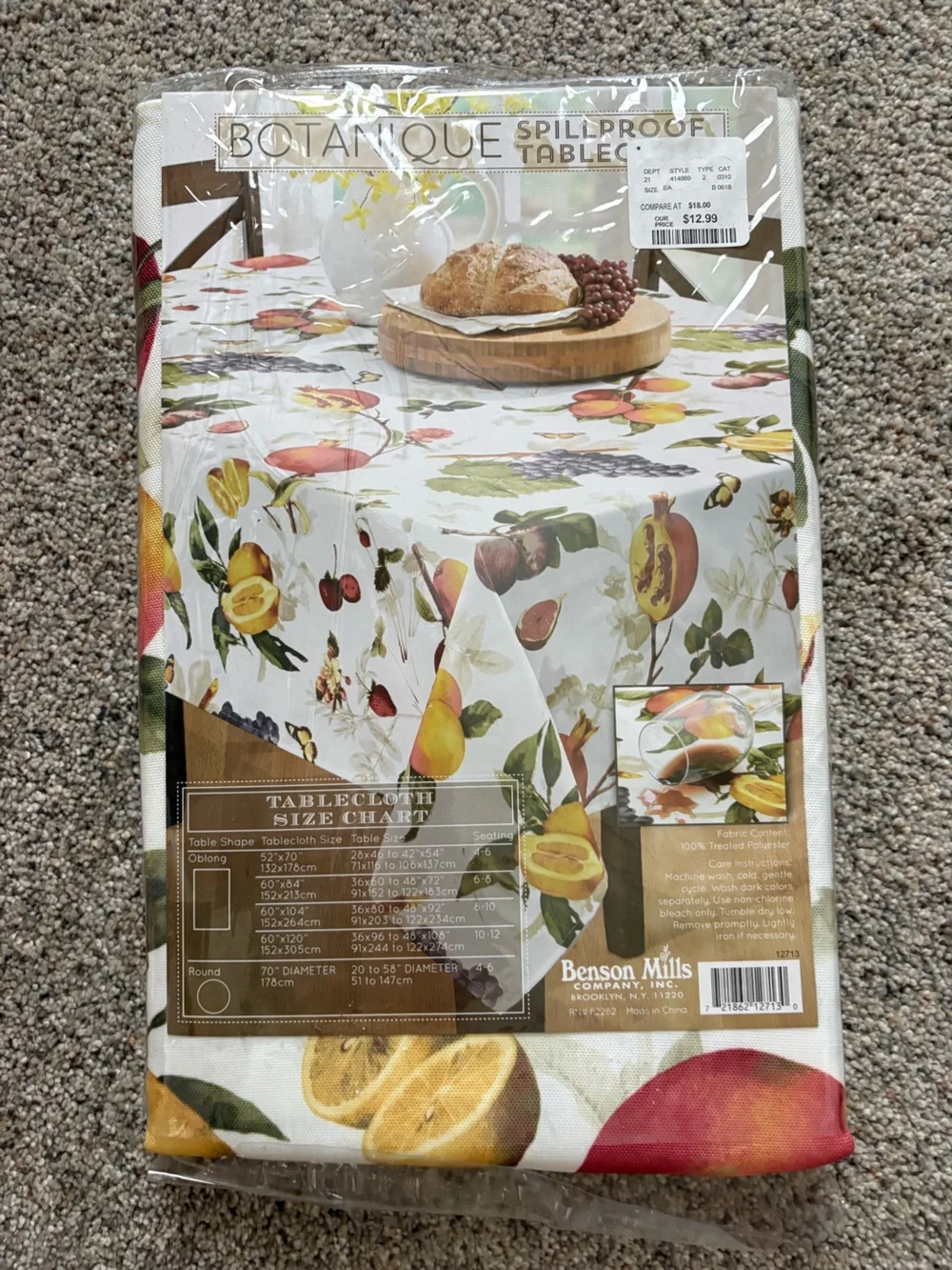 NOS Benson Mills Botanique Spillproof Tablecloth 60x84” Oblong Fruit Lemon Grape
